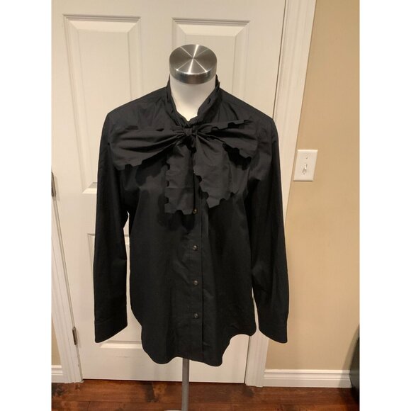 Tory Burch Black Scalloped Poplin  Bow Blouse Size 14 NWT Tie-Neck Preppy $498 - Picture 3 of 8